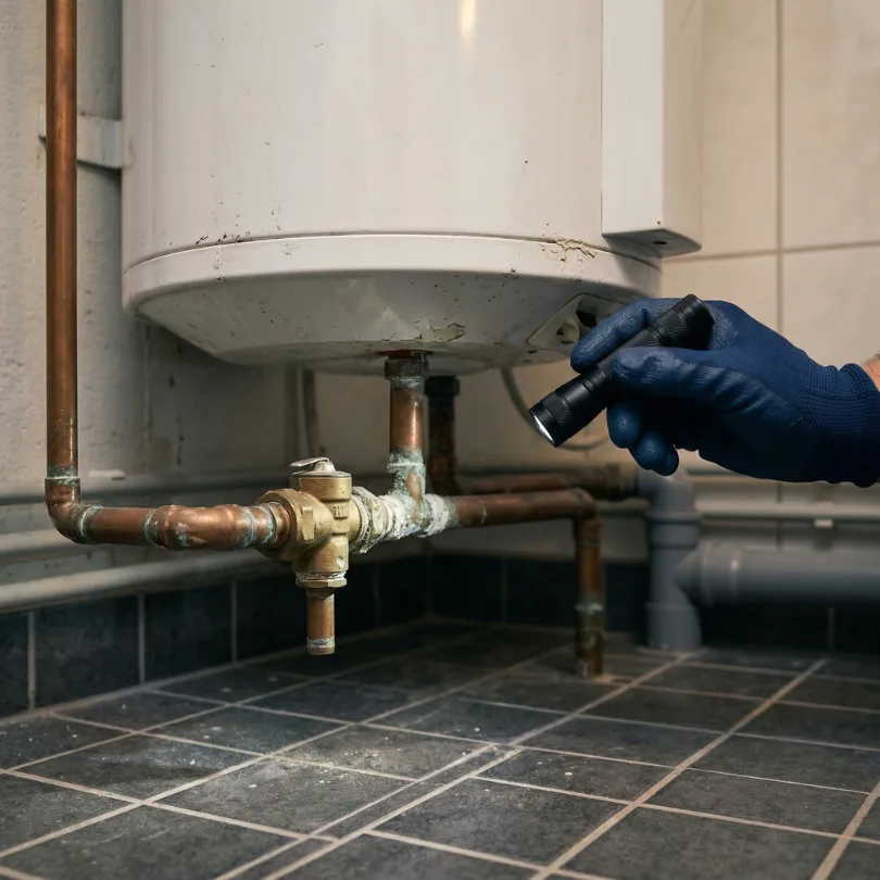 LVI-ammattilainen tarkastaa taskulampulla vanhan lämminvesivaraajan hapettuneita putkia ja varoventtiiliä.